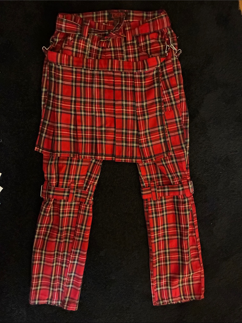 Tripp NYC Mens Red Plaid Kilt Style Punk Bondage Pants Size 30 Kilt Removable